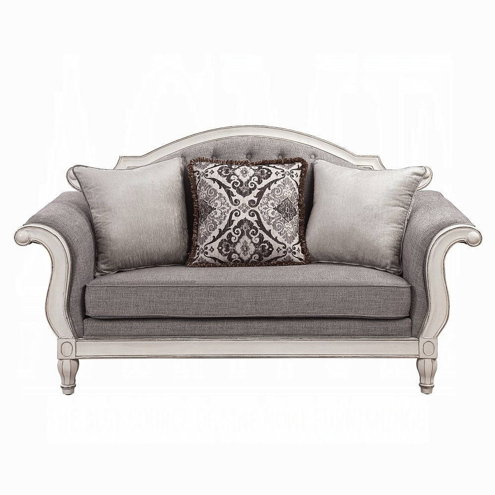 ACME Florian Colletion 3-Piece Living Room Set Include Sofa, Loveseat and Chair, Gray Fabric & Antique White Finish