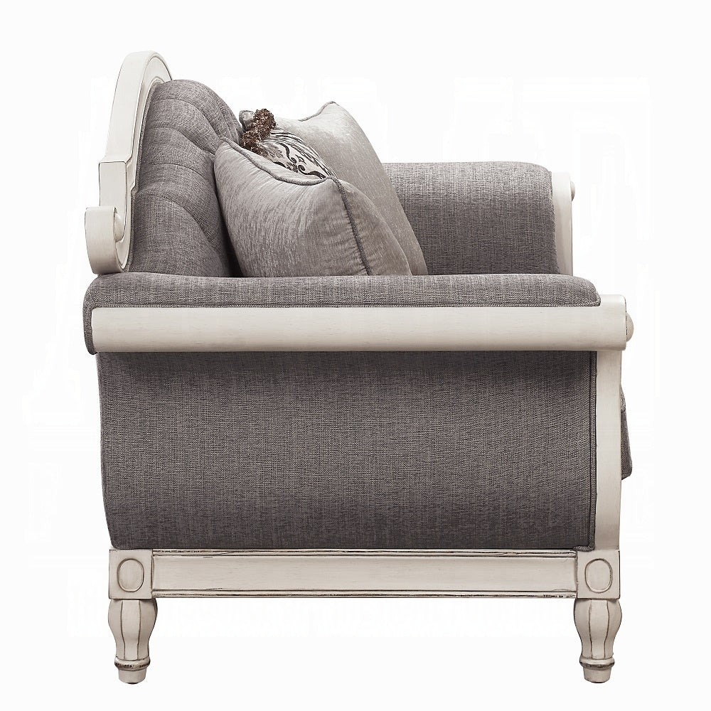 ACME Florian Colletion 3-Piece Living Room Set Include Sofa, Loveseat and Chair, Gray Fabric & Antique White Finish