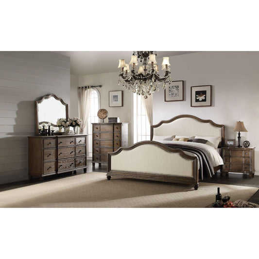 Baudouin Contemporary Beige Linen & Weathered Oak 5PCS Bed Set Includes Bed, 2 Nightstands, Dresser and Mirror