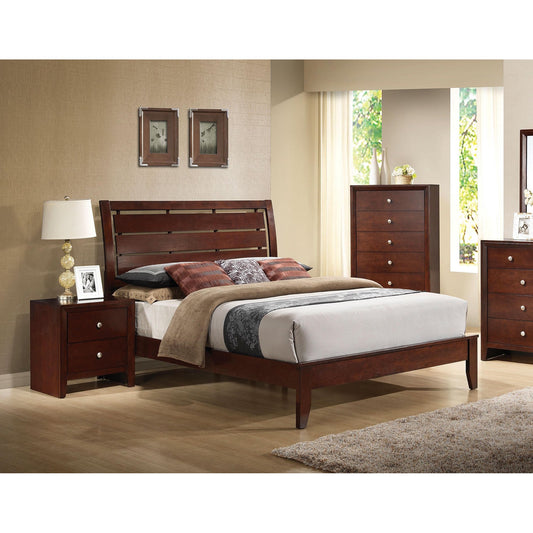Ilana Contemporary Brown Cherry Eastern King Bed Set 5PCS Includes Bed, 2 Nightstands, Dresser and Mirror