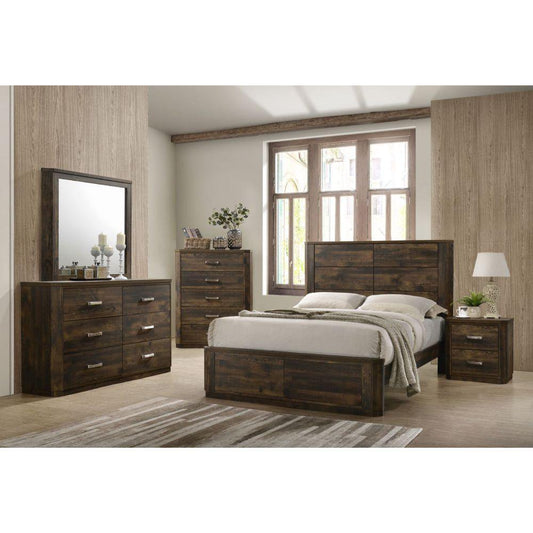 Elettra Contemporary Walnut Wood Eastern King Bed 5PCS Set Includes Bed, 2 Nightstands, Dresser and Mirror